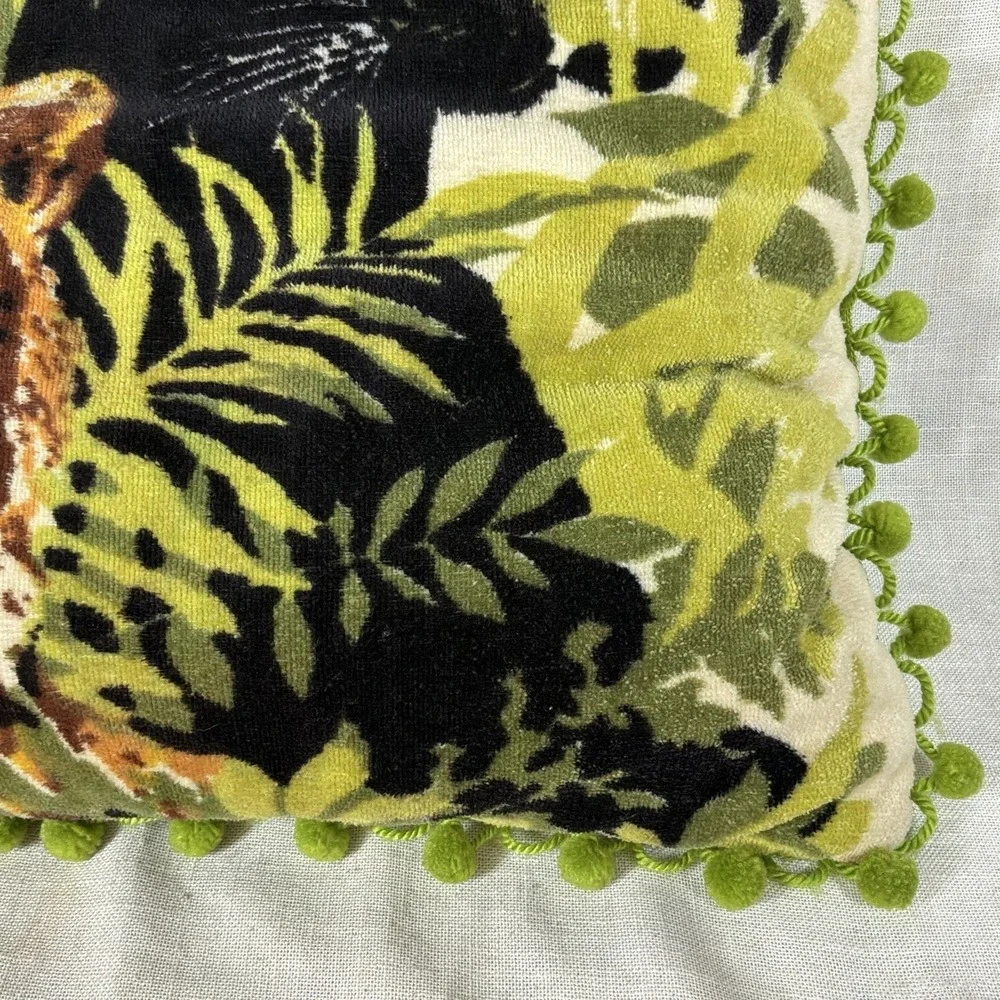 VTG 70s 80s Tiger Panther Throw Pillow Pom Pom Fringe Jungle Soft Handmade EUC‎